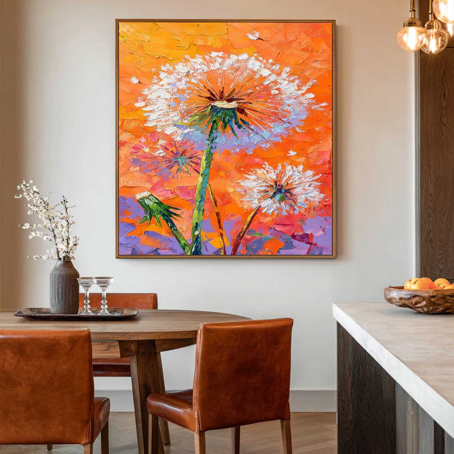 Square Heavy Impasto Dandelion Painting 3D Palette Knife Floral Art  Modern Vibrant Orange Dandelion Artwork