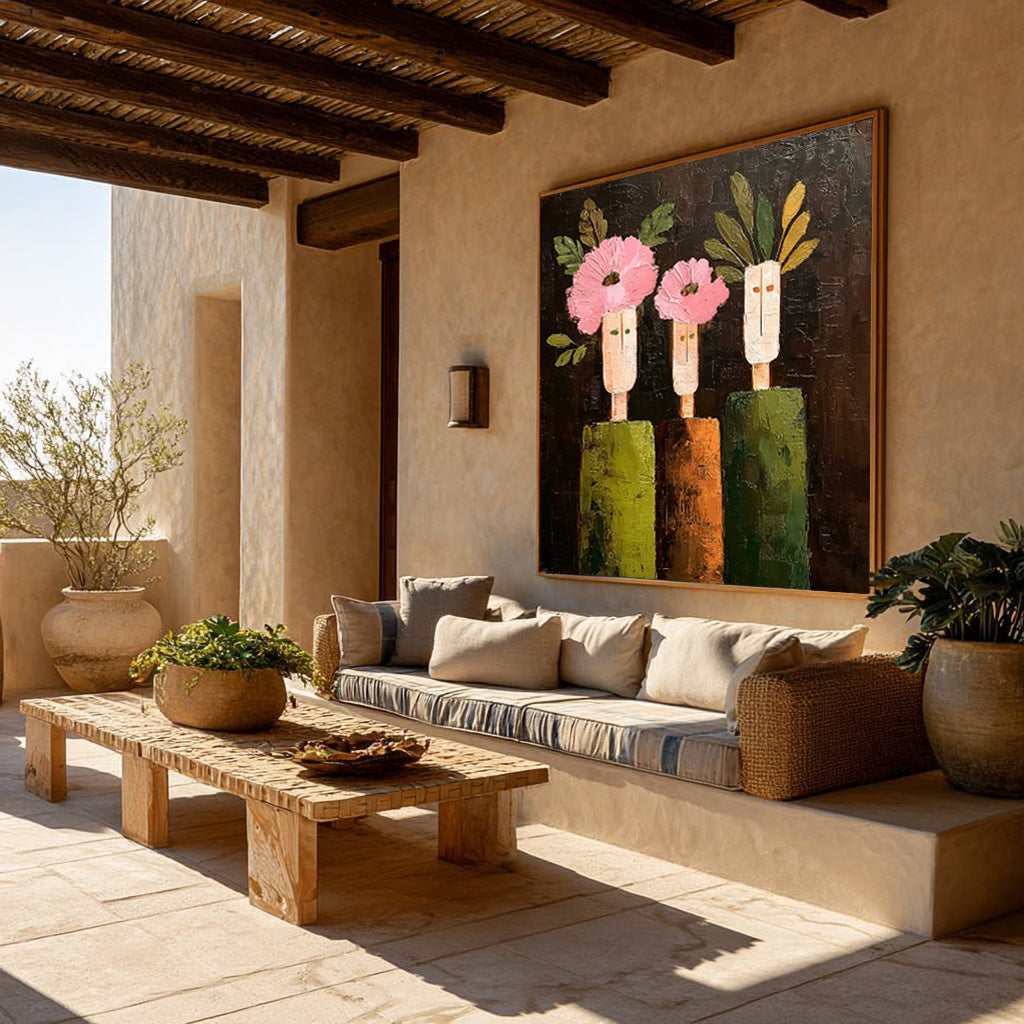 Modern Pink Flowers & Geometric Green Figures Contemporary Wall Art Abstract Floral Oil Painting Canvas