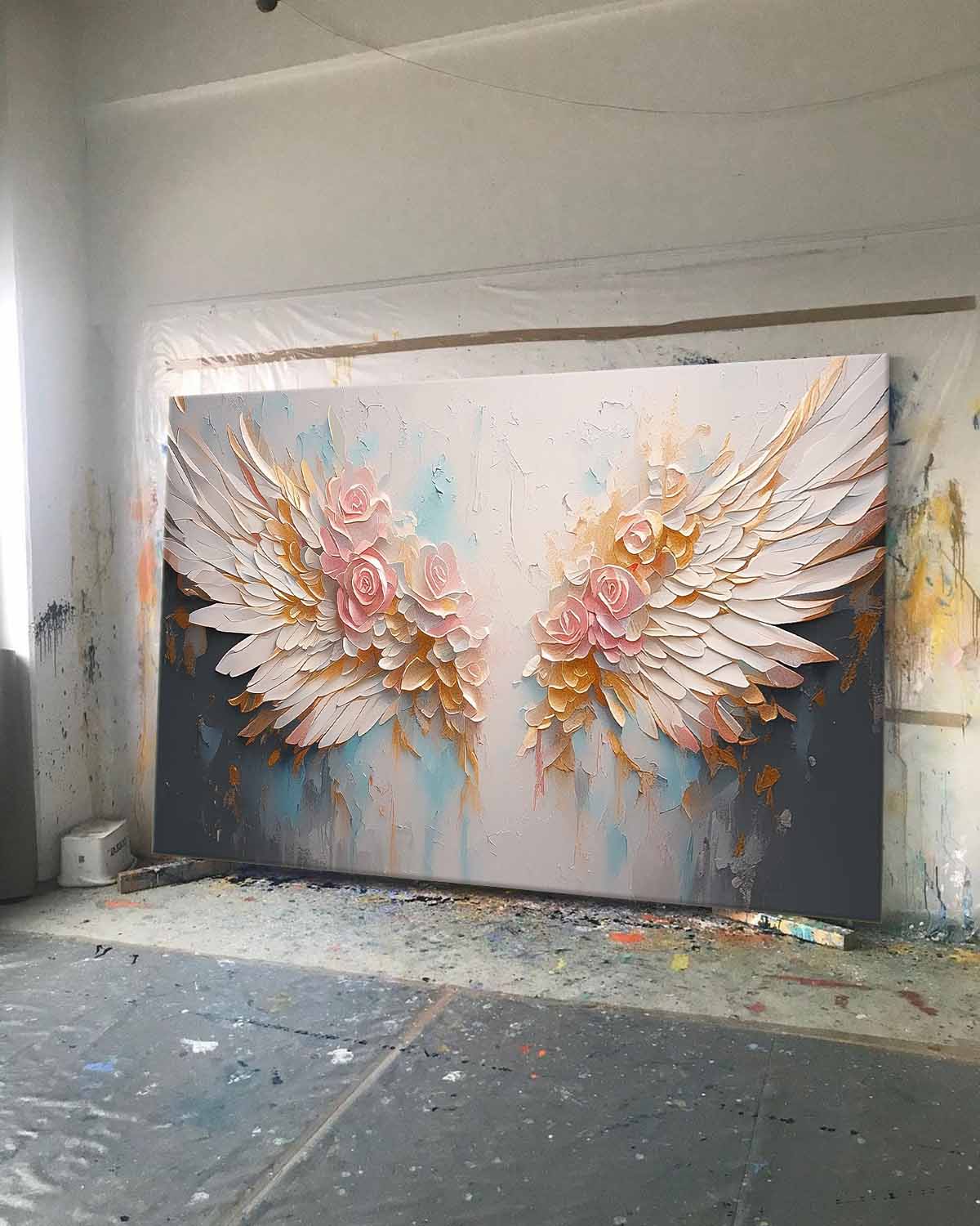 Original Wing Art Boho Wall Decor Big Abstract Angel Wing Flowers Oil Painting On Canvas Large Wall Art Gift for Her