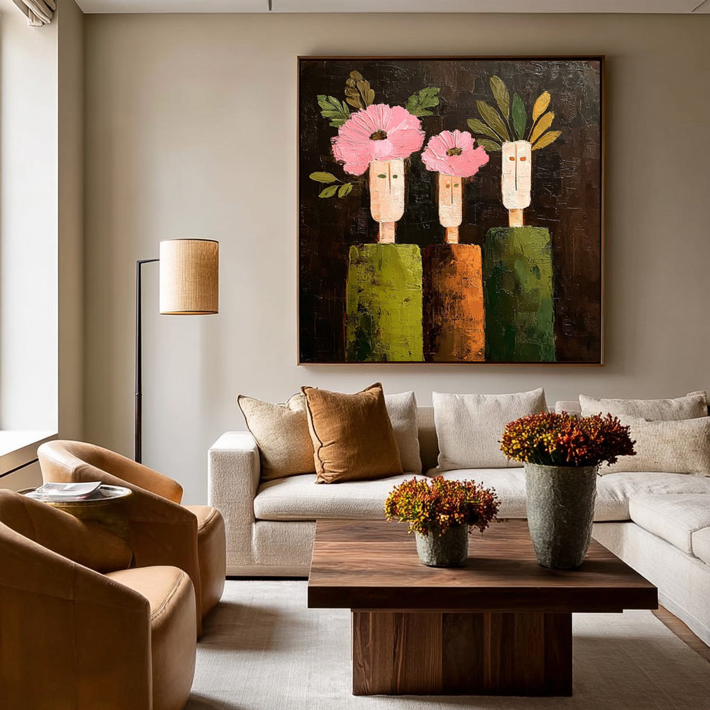 Modern Pink Flowers & Geometric Green Figures Contemporary Wall Art Abstract Floral Oil Painting Canvas