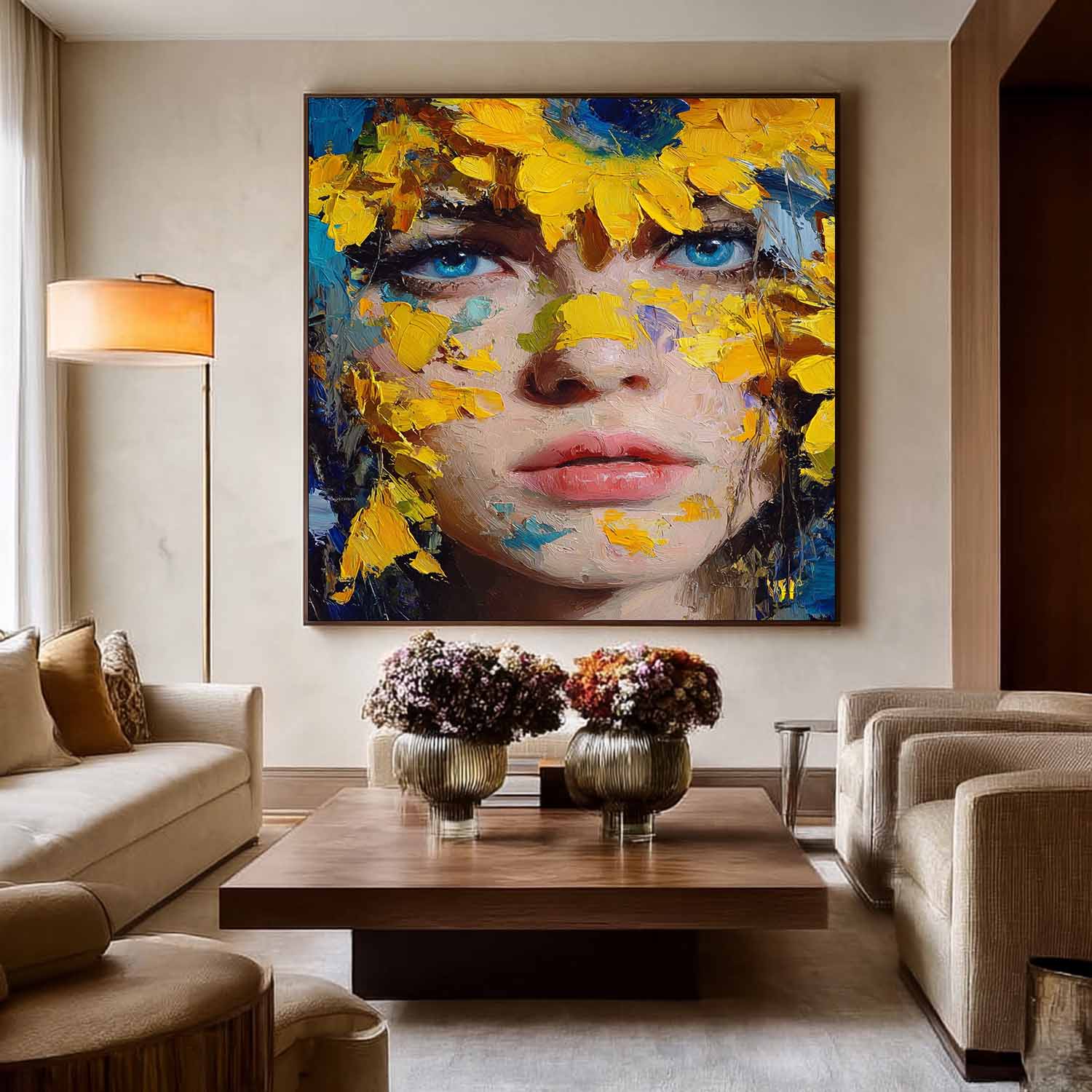 Original Painting Portrait With Sunflowers Modern Thick Brushstroke Wall Art Handmade Canvas Contemporary Artwork