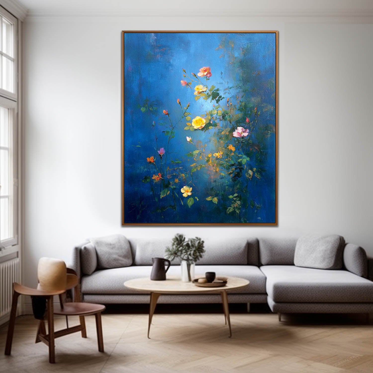 Modern Wall Art Hand-Painted Lotus Pond Artwork Blue Toned Abstract Lotus Flower Oil Painting On Canvas