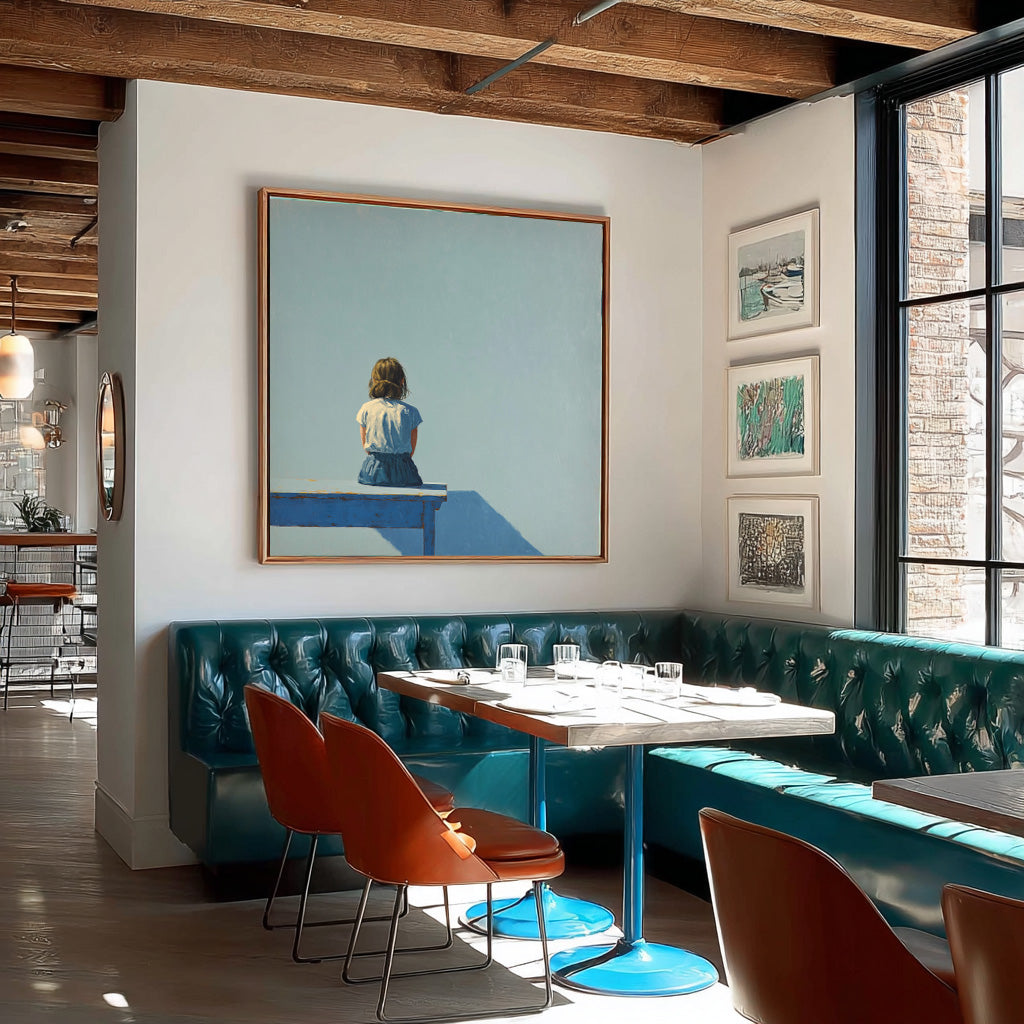 Original Blue Wall Art Abstract Warm atmosphere Art Minimalist Girl Back View Painting For Living Room