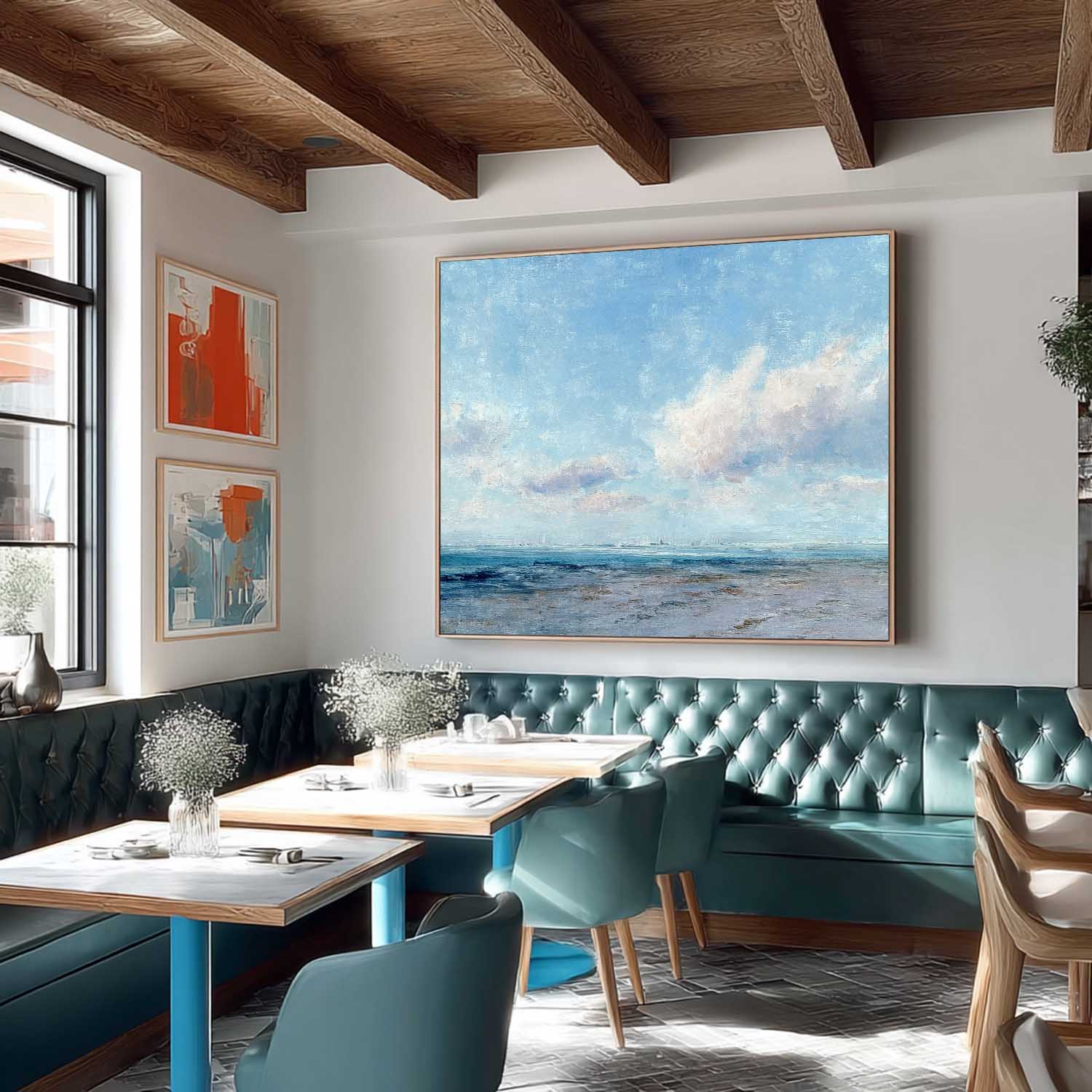 Abstract Tranquil Sea View Landscape Blue sky And White Clouds Painting Large Texture Scenery Wall Art