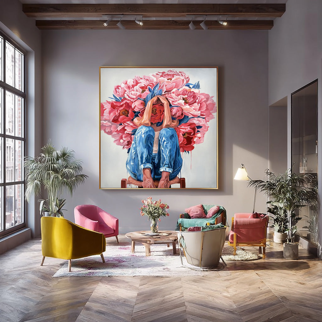 Original Beautiful Peony People Artwork Abstract Figure Painting Canvas Large Woman Wall Art Home Decor