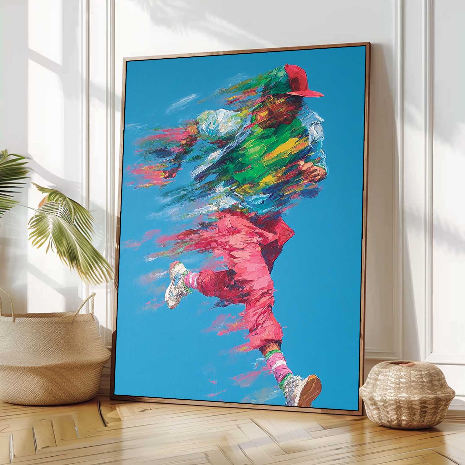 Dynamic Running Man Impasto Painting Energetic Sport Wall Art Abstract Motion Figure Colorful Urban Artwork