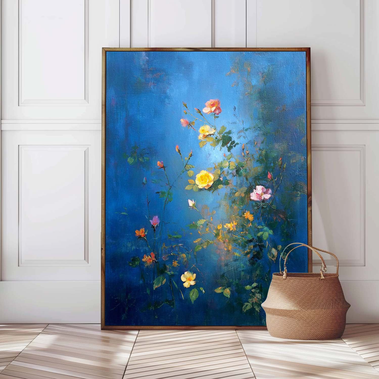 Modern Wall Art Hand-Painted Lotus Pond Artwork Blue Toned Abstract Lotus Flower Oil Painting On Canvas