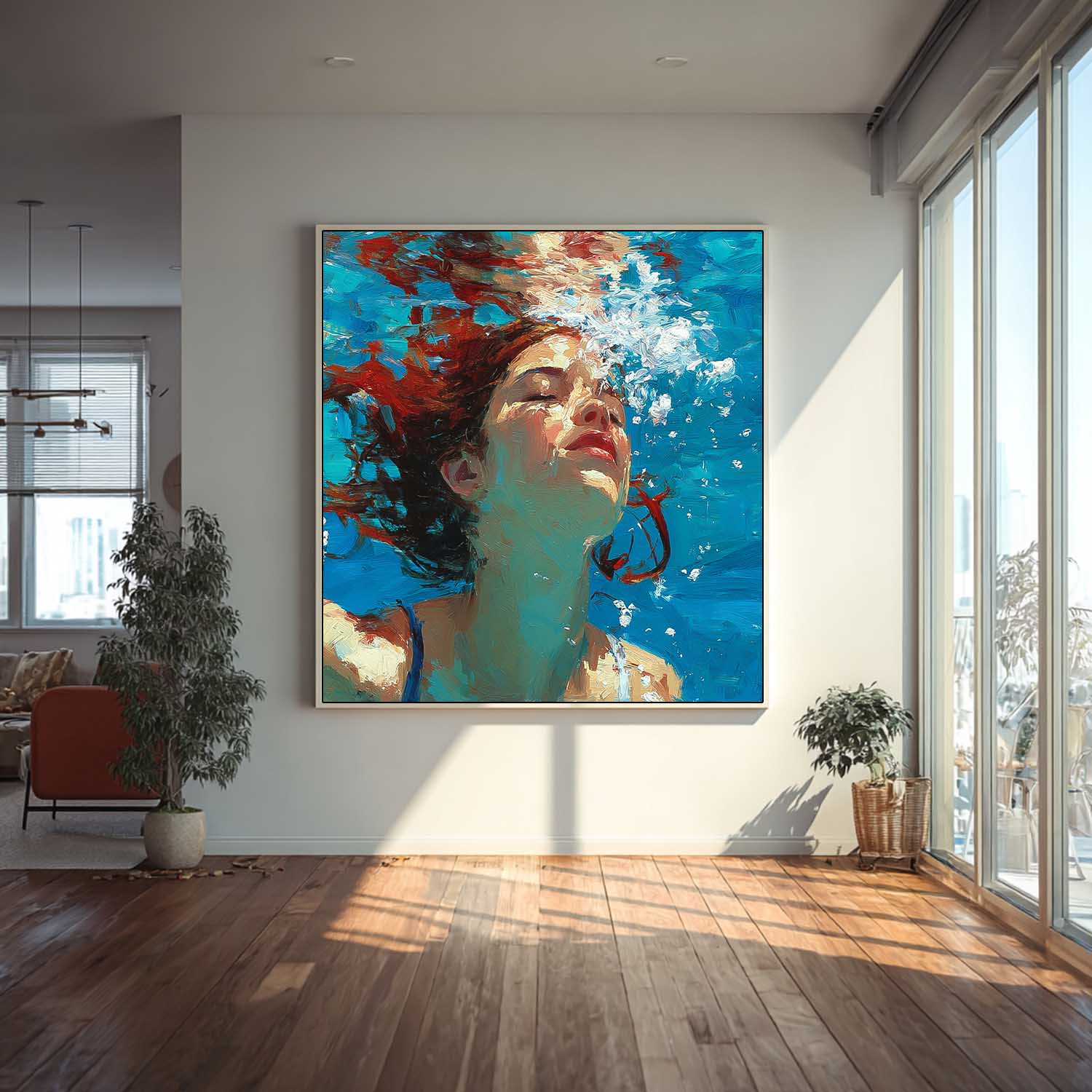 Square Diving In Ocean Girl Acrylic Painting Lady Artwork Original Woman swimming Wall Art For Living Room
