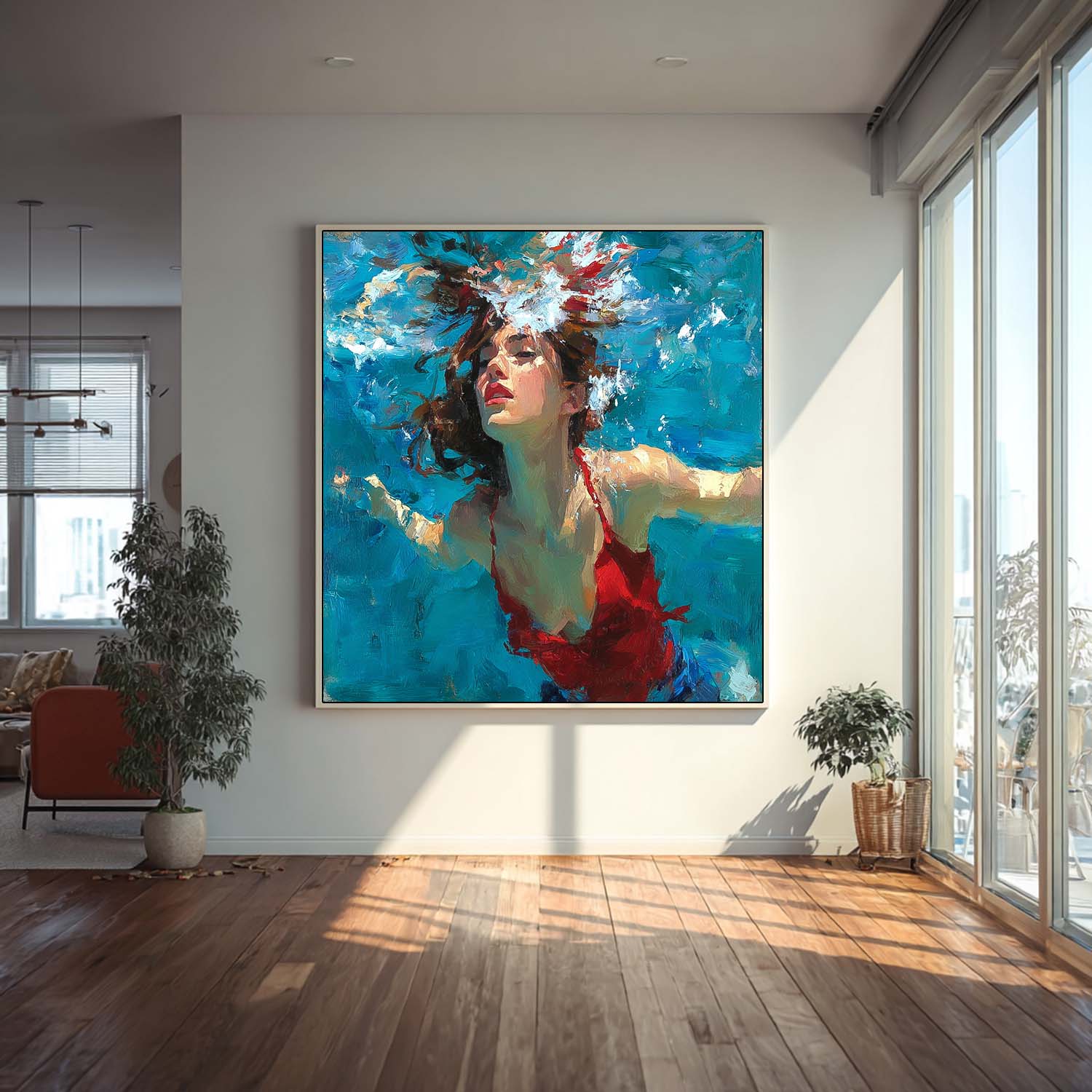 Lady Bright Red clothes Artwork Original Woman swimming Wall Art Square Diving In Ocean Girl Acrylic Painting