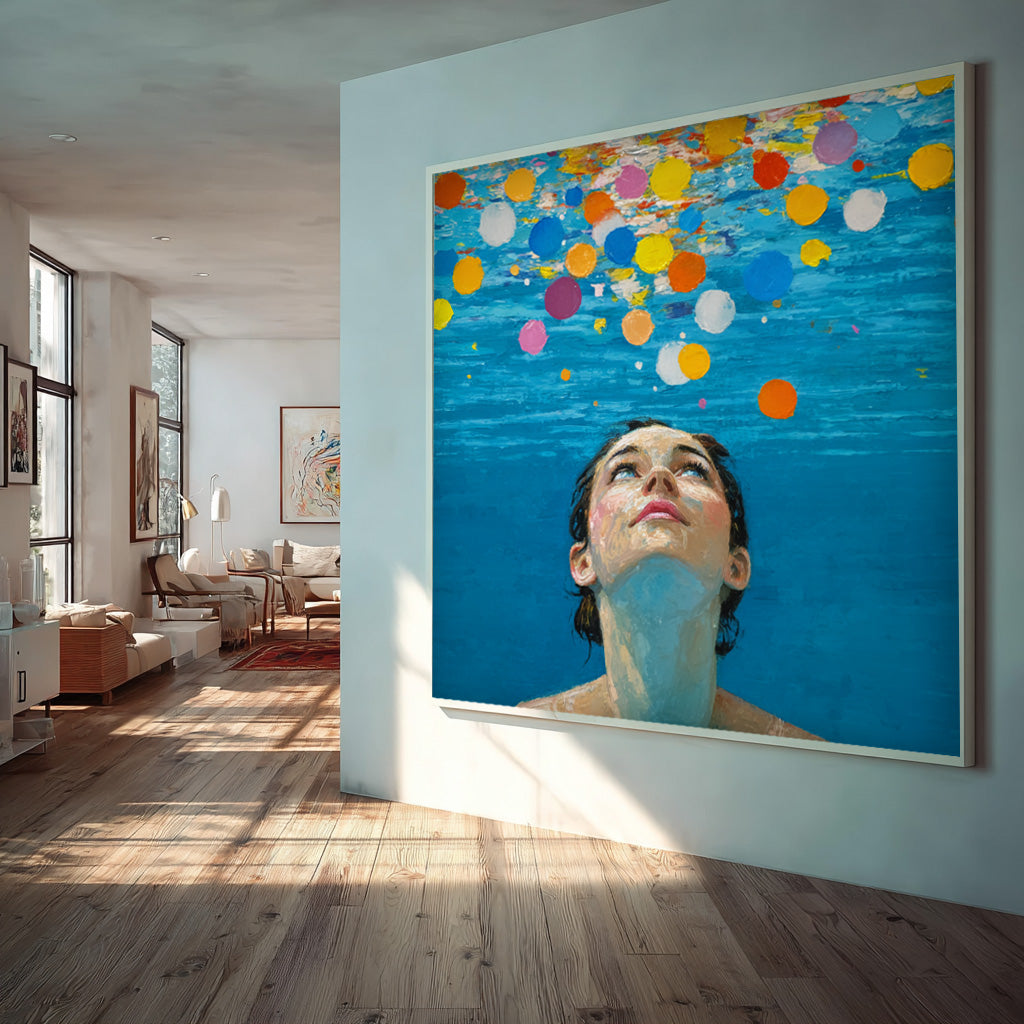 Diving Oil painting Blue Abstract Swimming Girl Wall Art Diving in Ocean Woman Handmade Canvas Artwork