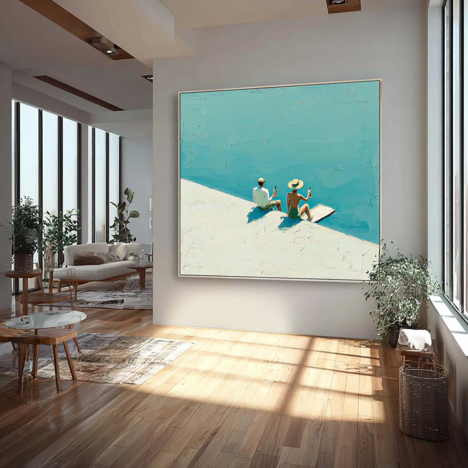 Seaside Holiday Style Landscape Painting Original Couple Oil painting Figures On The Beach artwork