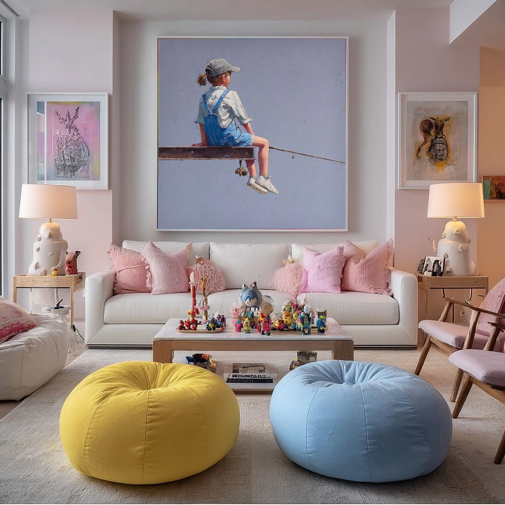 Original Purple Wall Art Abstract Warm atmosphere Art Minimalist Girl Fishing Painting For Living Room