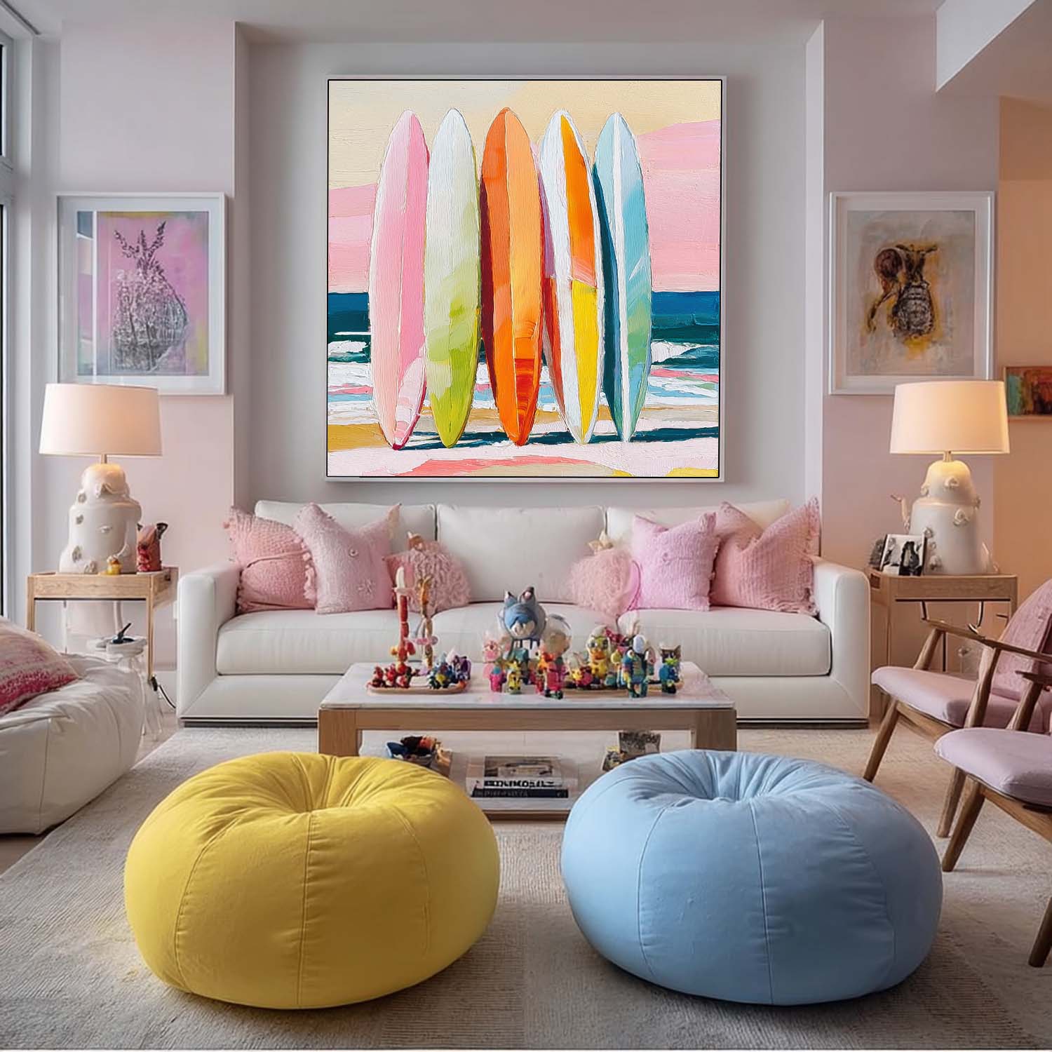 Abstract Beach Surfboard Scenery Oil Painting Framed Seaside Landscape Artwork Large Wall Art Home Decor