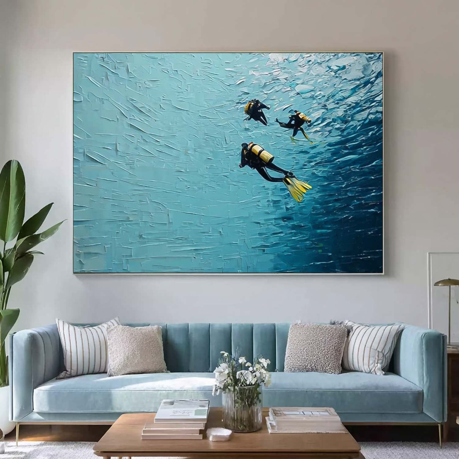 Abstract Underwater Artwork Blue Texture Painting Minimalist Diving Art Large Ocean Painting Diving Gifts 