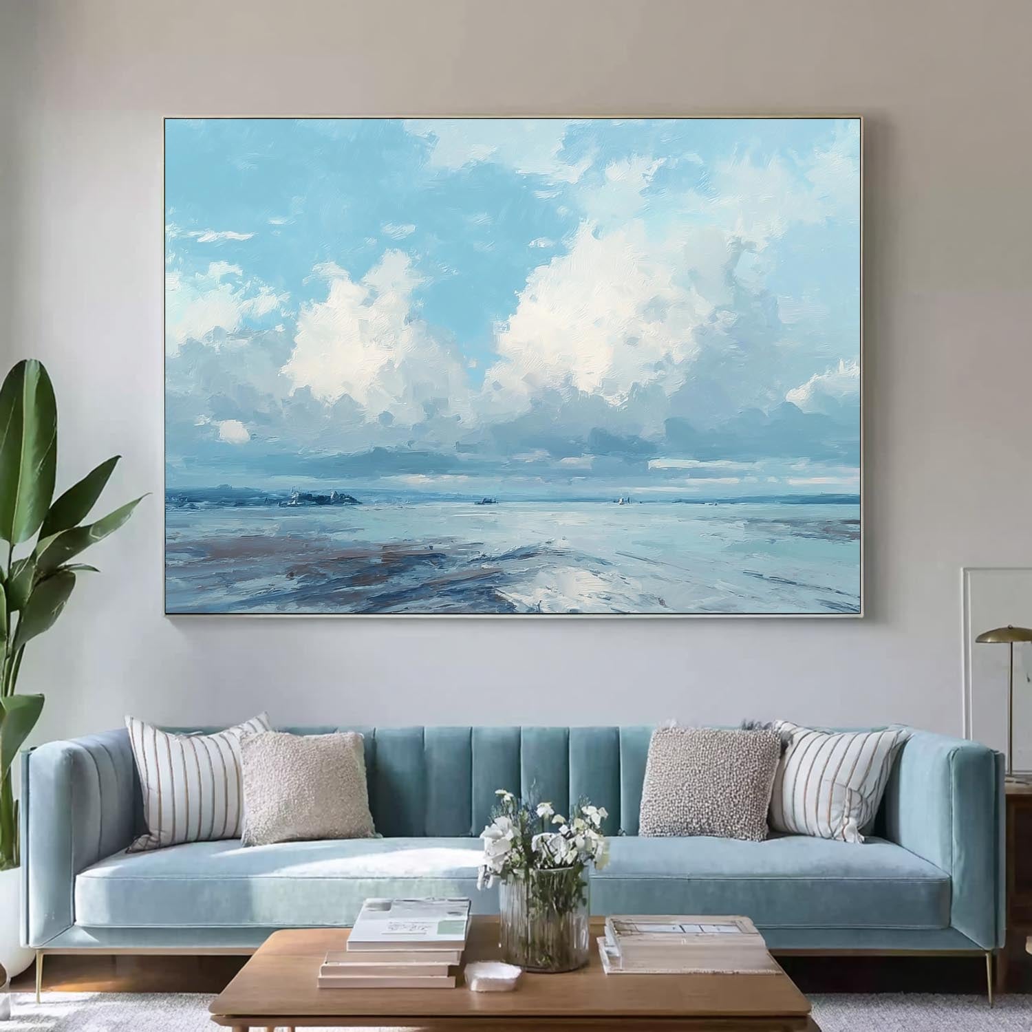  Blue Sky And White Clouds Painting Abstract Tranquil Sea View Landscape Large Texture Scenery Wall Art