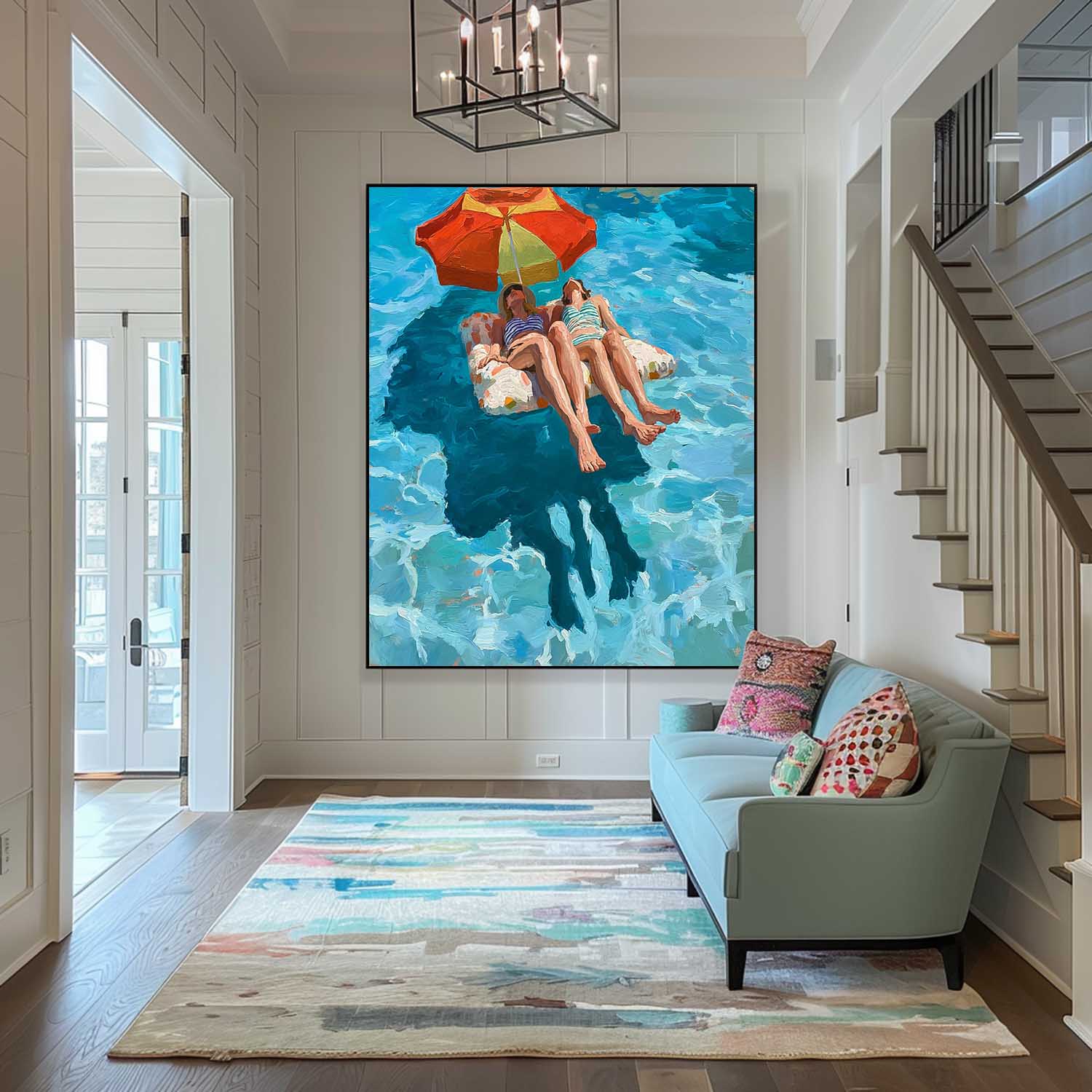 Original Diving Wall Art Abstract Lady playing In Water Oil Painting Canvas Modern Swimming Artwork