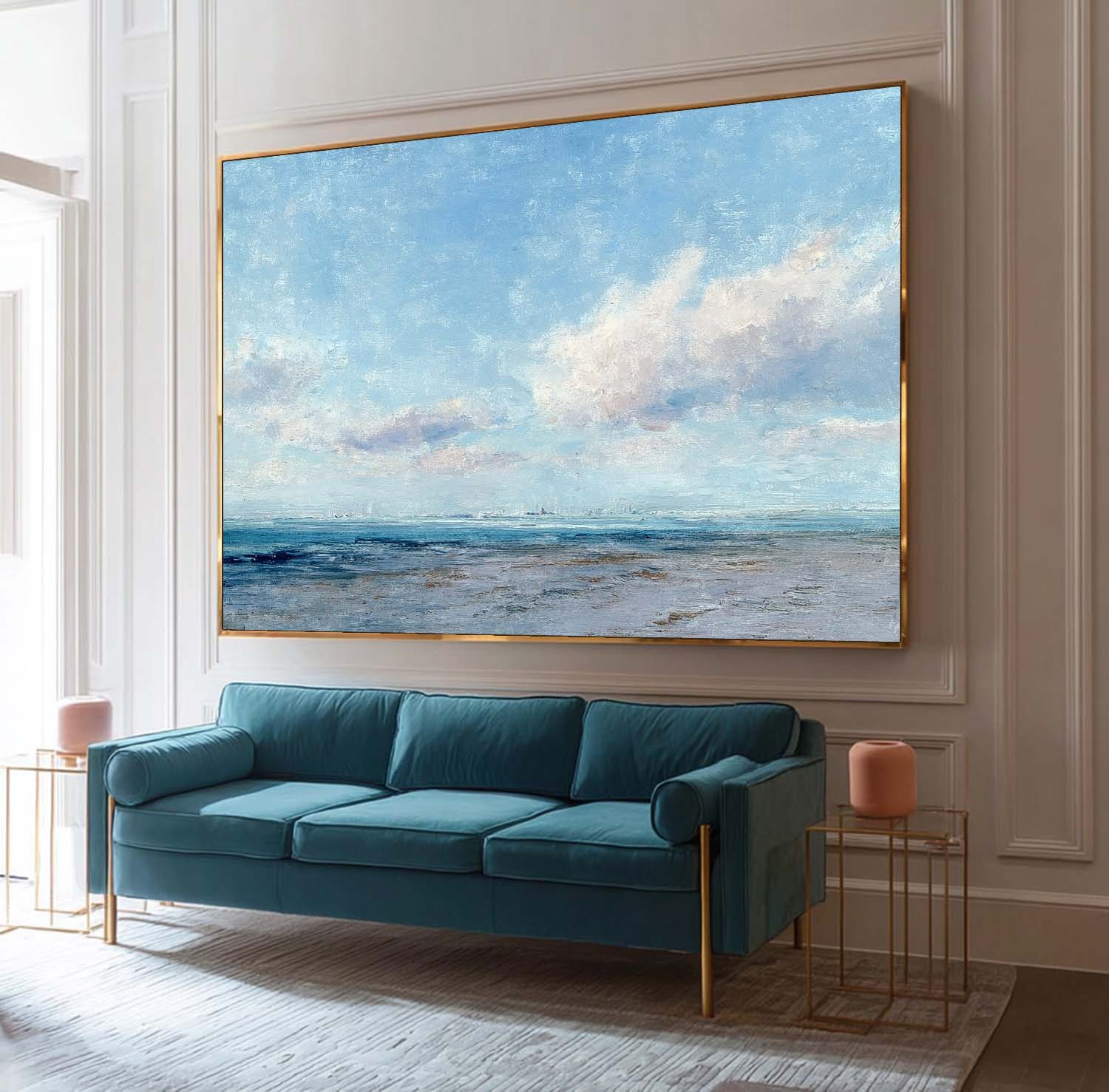 Abstract Tranquil Sea View Landscape Blue sky And White Clouds Painting Large Texture Scenery Wall Art