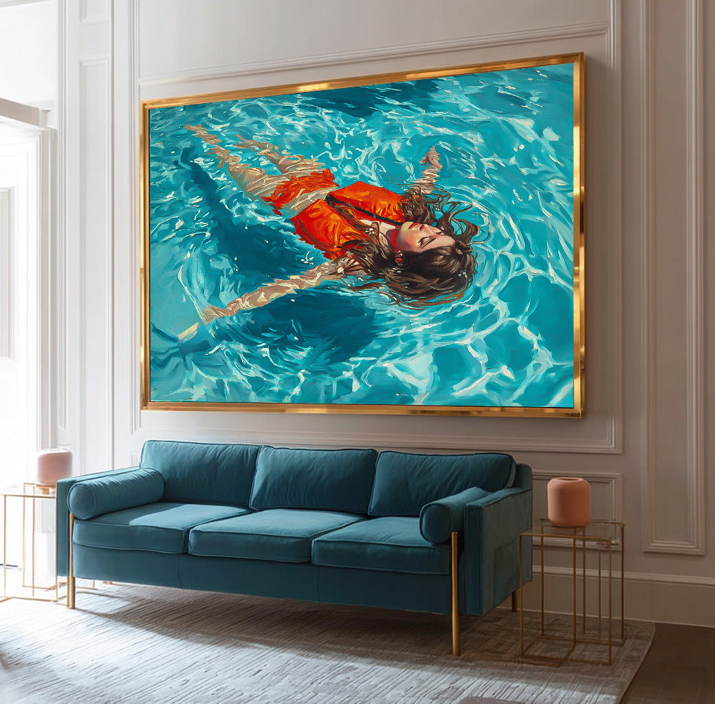 Large Color Artwork Original Girl Diving Oil Painting Diving In Ocean Sensual Woman Swimming Wall Art