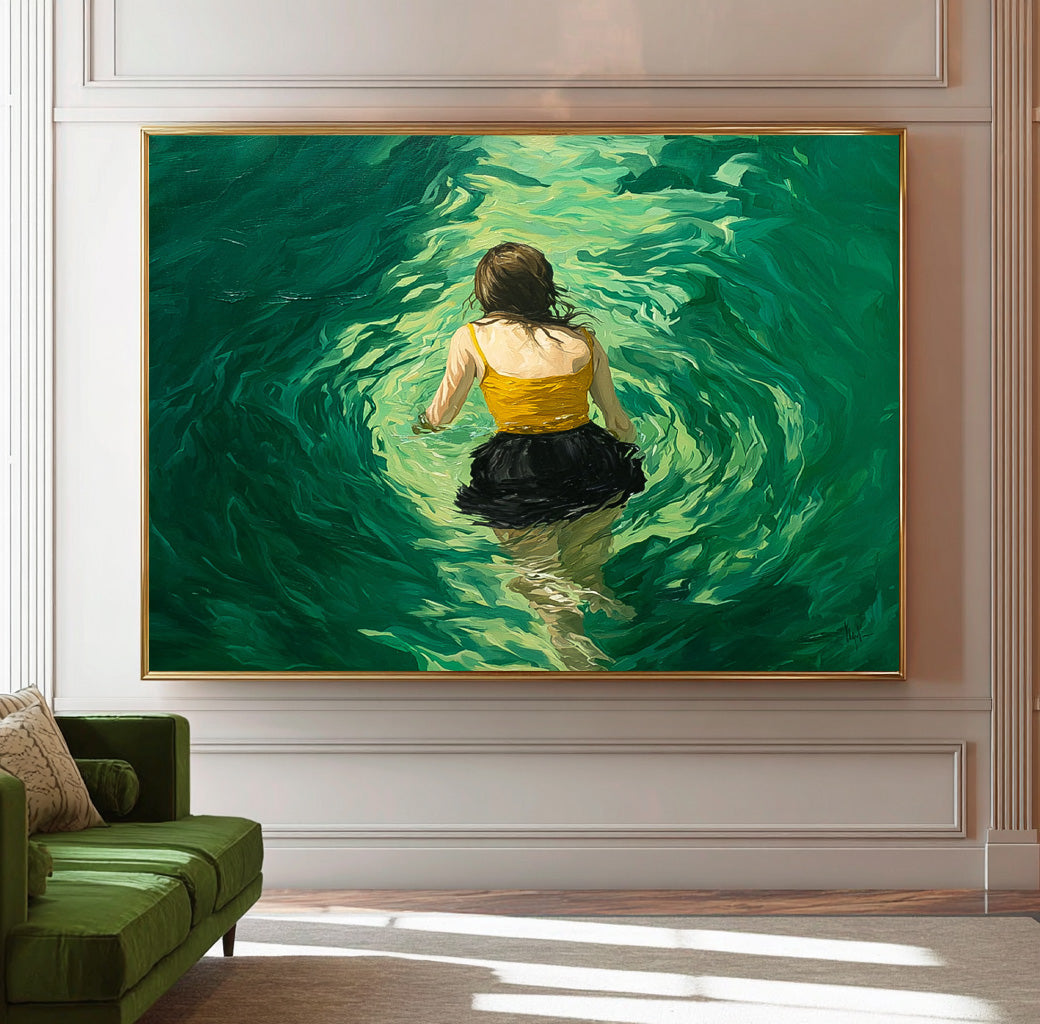 Abstract Green Artwork Original Girl Diving In Ocean Painting Sensual Lady Figure Swimming Wall Art