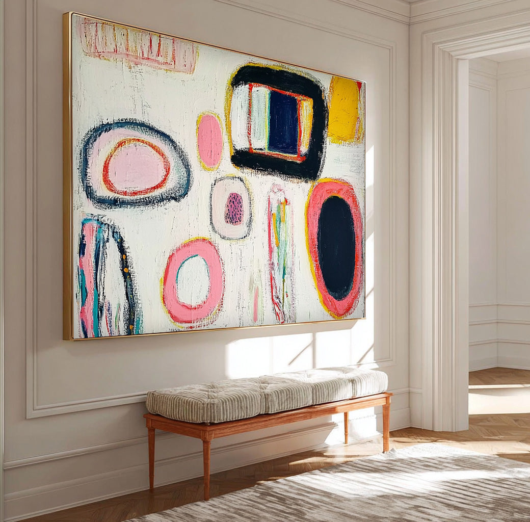 White Abstract Graffiti Oil Painting Modern Colorful  Artwork Original Irregular Geometric Circles Wall Art