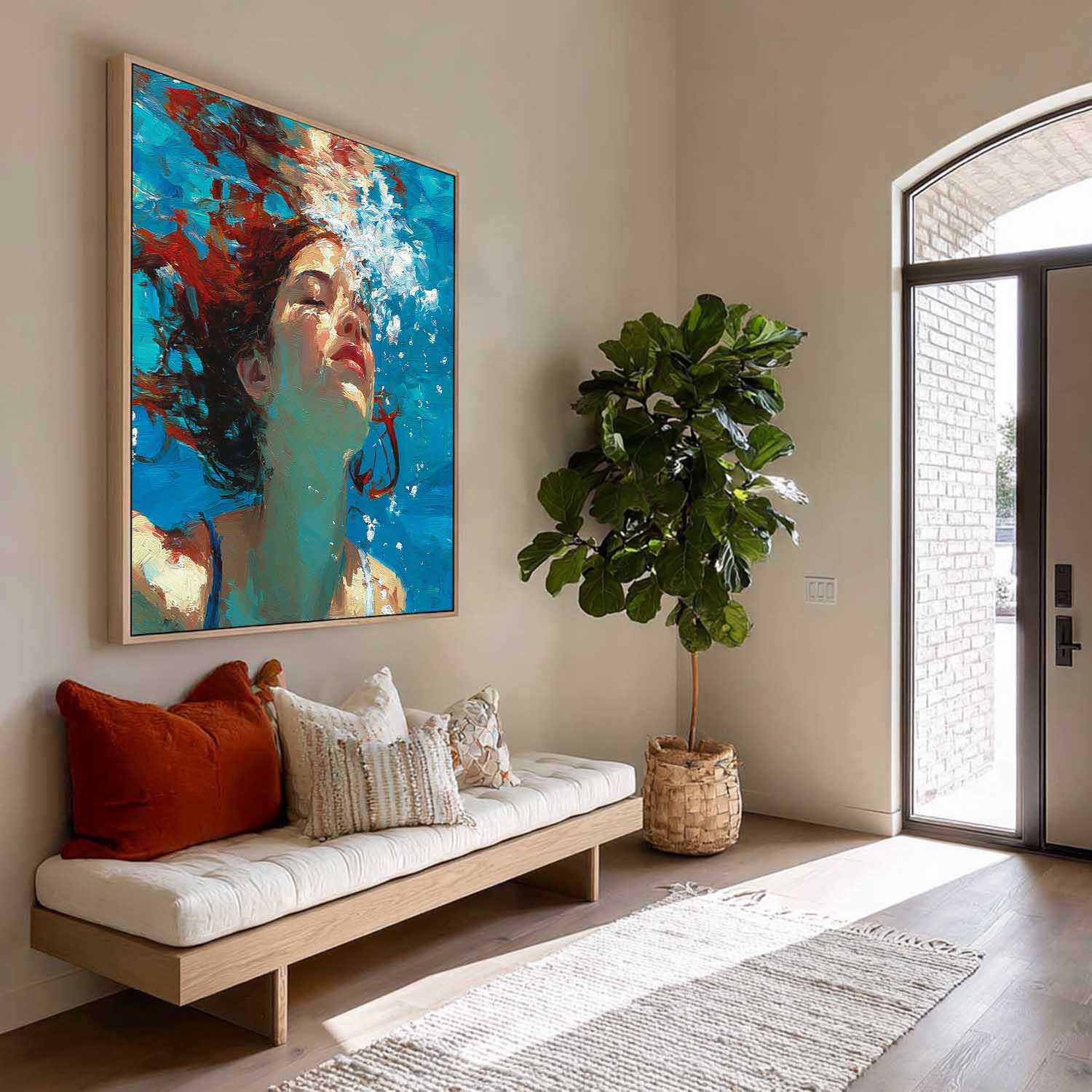 Square Diving In Ocean Girl Acrylic Painting Lady Artwork Original Woman swimming Wall Art For Living Room