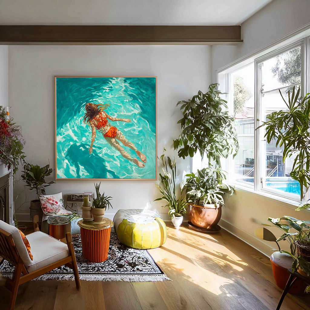 Pretty Lady Artwork Square Diving In Ocean Sensual Woman Acrylic Painting Original Girl swimming Wall Art
