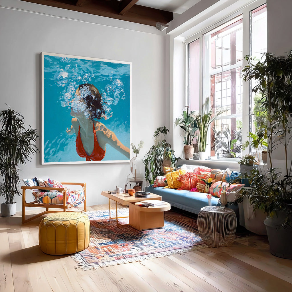 Lovely Lady Artwork Square Diving In Ocean Sensual Woman Acrylic Painting Original Girl swimming Wall Art