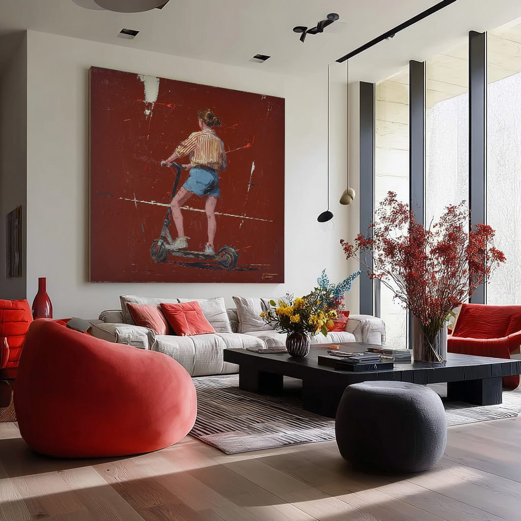 Abstract Fashionable Street Style Original Red Wall Art Minimalist Energetic Girl Riding A Scooter Painting