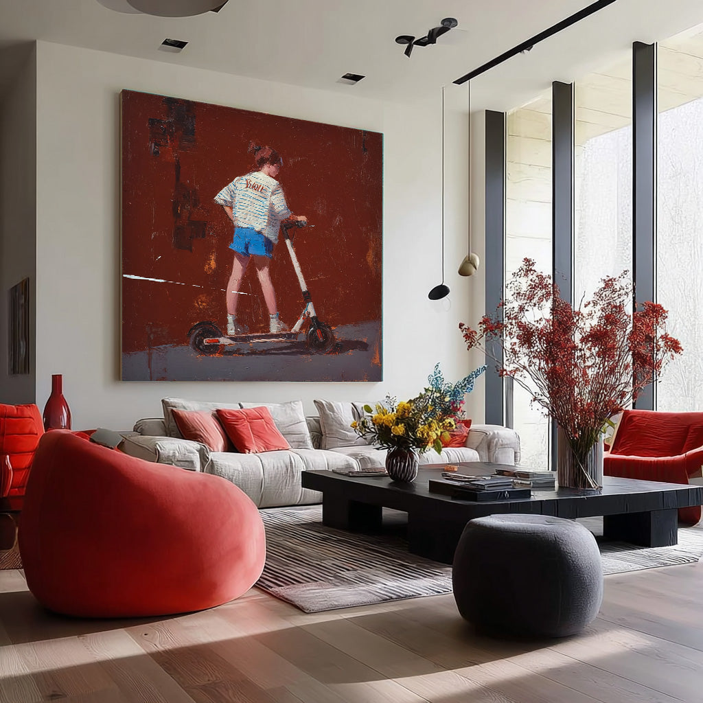 Original Red Wall Art Abstract Fashionable Street Style Minimalist Energetic Girl Riding A Scooter Painting