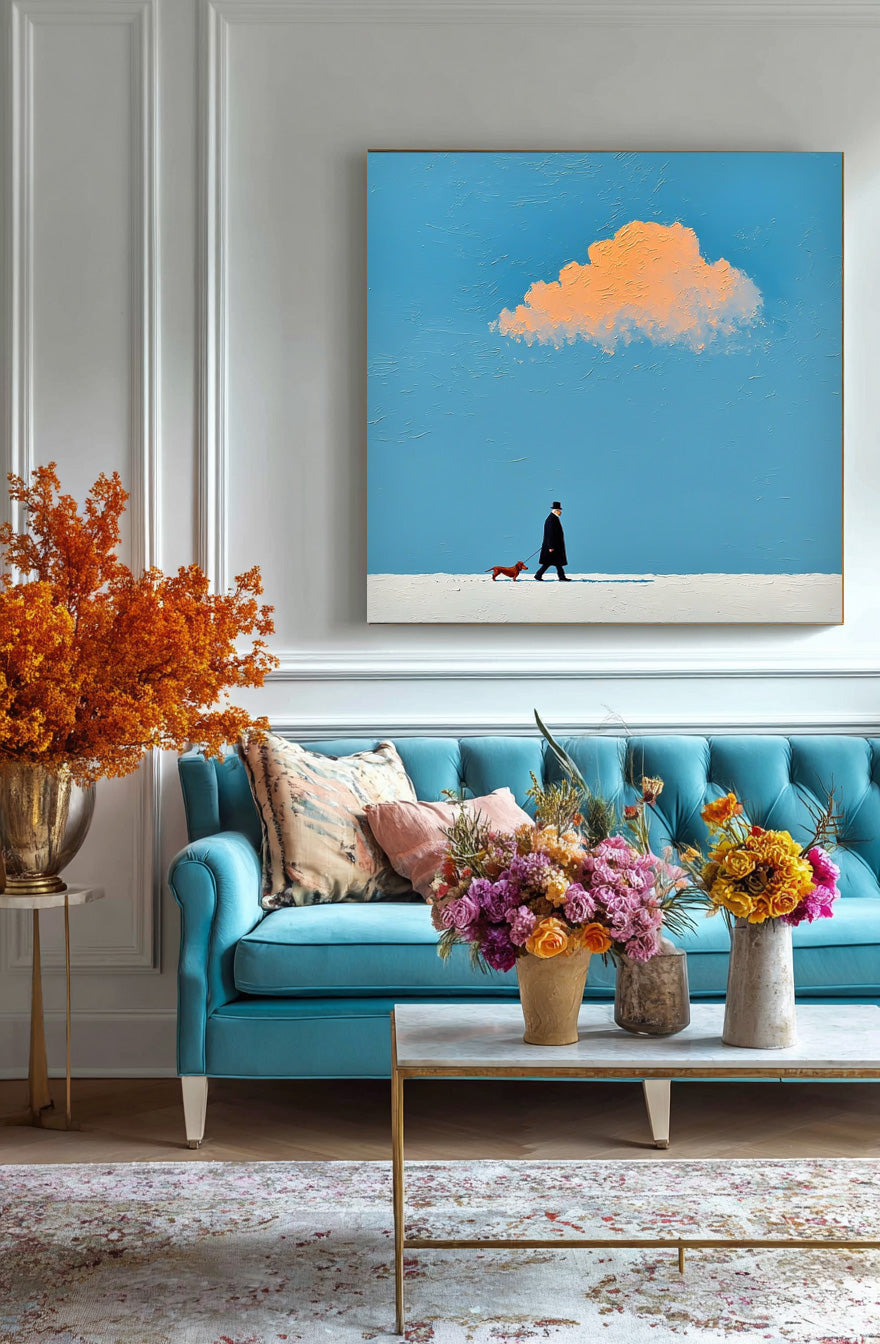 Original Minimalism Artwork Abstract Figure Painting Canvas Large Walking The Dog Wall Art Home Decor