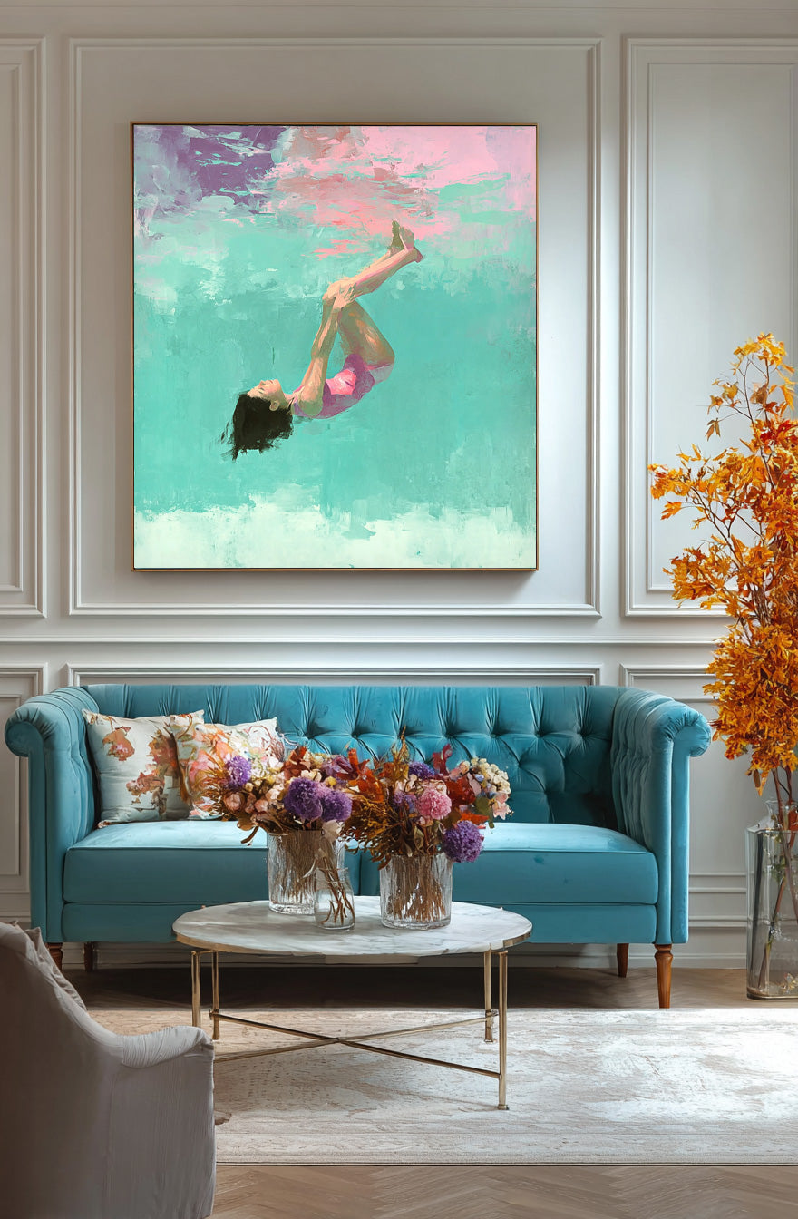 Diving In Ocean Sensual Woman Acrylic Painting Lovely Lady Artwork Original Girl swimming Wall Art