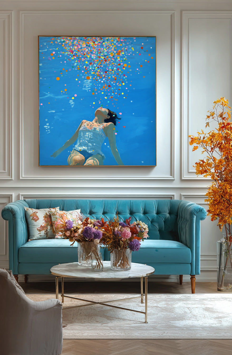 Blue Abstract Swimming Girl Wall Art Diving Oil painting Diving in Ocean Woman Handmade Canvas Artwork