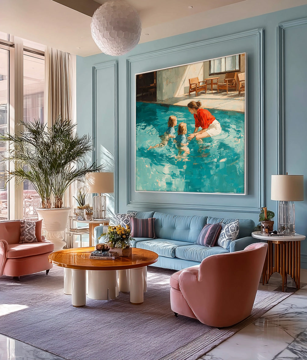 Original Family swimming Wall Art Square Diving In Ocean Mother And Her child Acrylic Painting Large Artwork