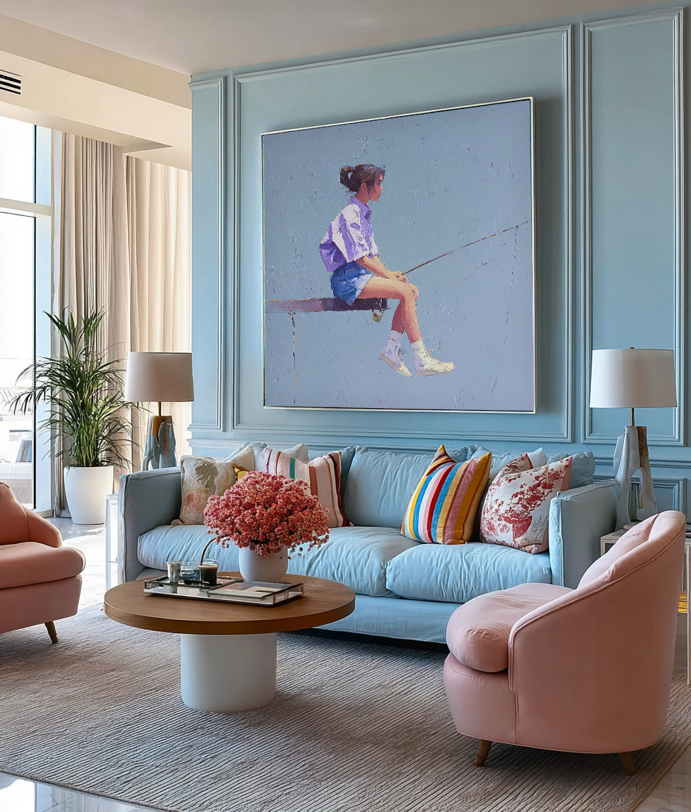 Minimalist Girl Fishing Painting Abstract Warm atmosphere Art Original Blue Wall Art For Living Room