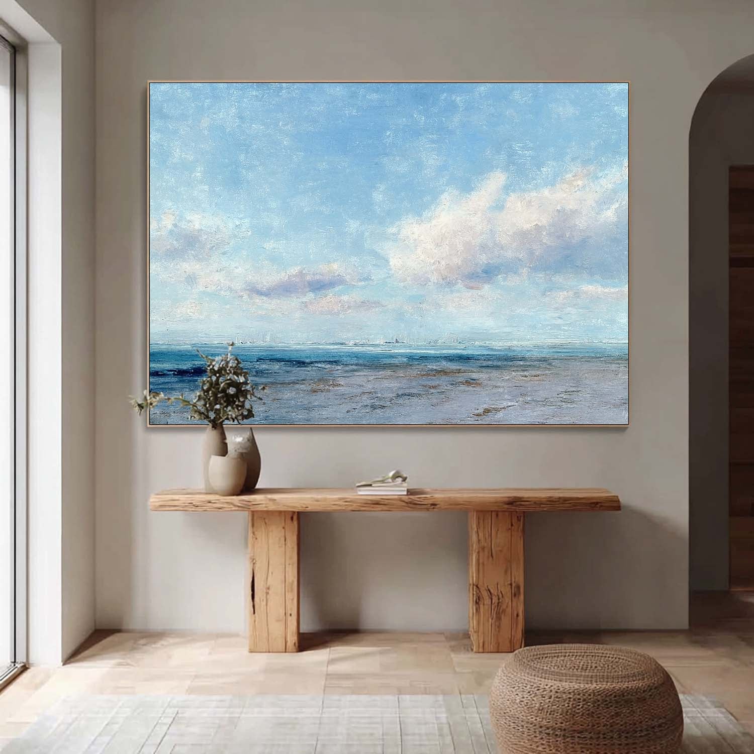 Abstract Tranquil Sea View Landscape Blue sky And White Clouds Painting Large Texture Scenery Wall Art