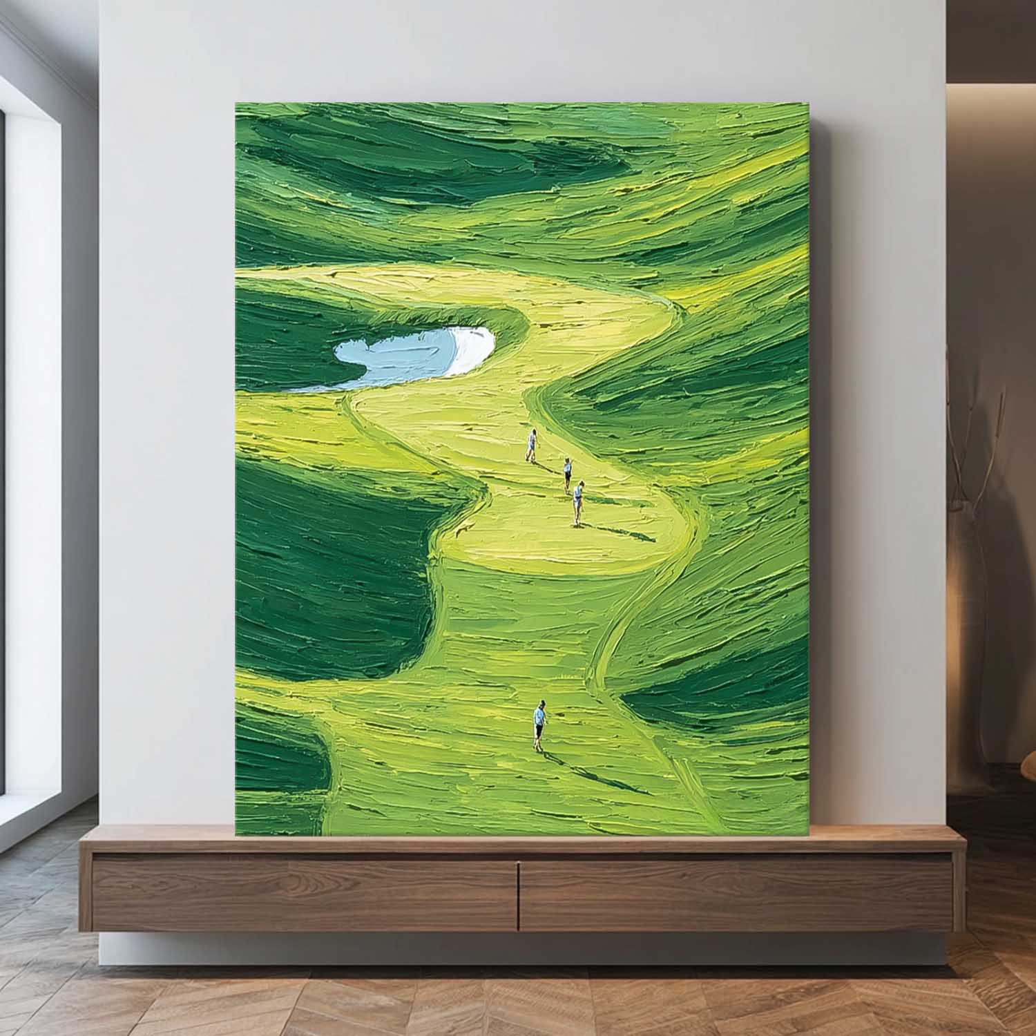 Large Green Hills Full Of Life Wall Art Abstract Pedestrians Strolling Oil Painting Canvas Original Artwork 