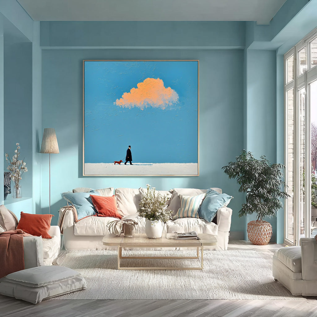 Original Minimalism Artwork Abstract Figure Painting Canvas Large Walking The Dog Wall Art Home Decor