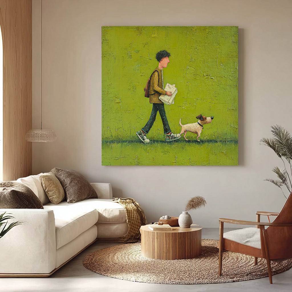 Abstract Warm And Peaceful atmosphere Landscape Green Grassland Wall Art Minimalist Boy Walking The Dog Painting