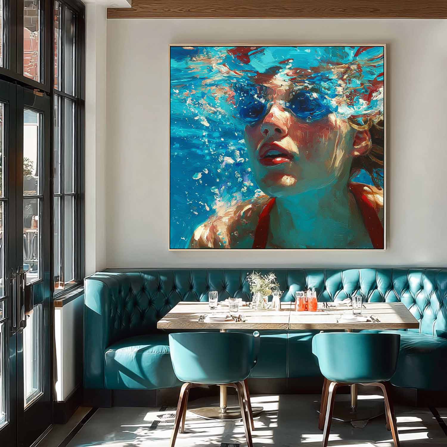 Original Woman swimming Wall Art Lady Artwork Square Diving In Ocean Girl Acrylic Painting Home Decor