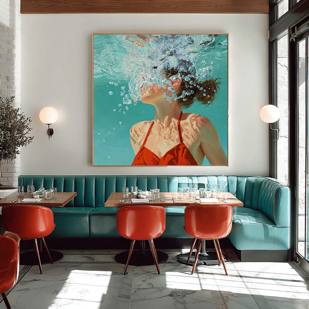 Square Diving In Ocean Sensual Woman Acrylic Painting Original Girl swimming Wall Art Lovely Lady Artwork