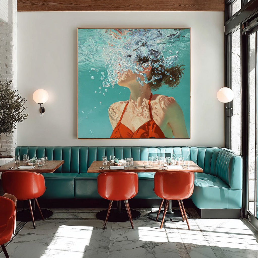Square Diving In Ocean Sensual Woman Acrylic Painting Original Girl swimming Wall Art Lovely Lady Artwork