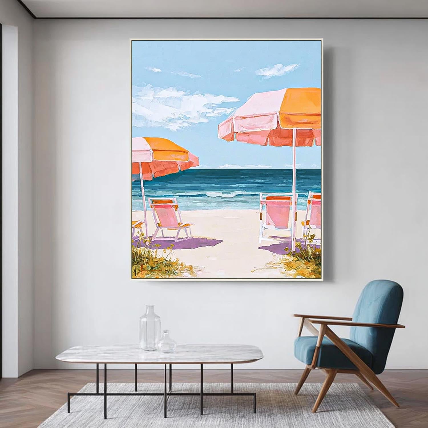 Abstract Beach Scenery Oil Painting Framed Colorful Seaside Landscape Artwork Large Wall Art Home Decor
