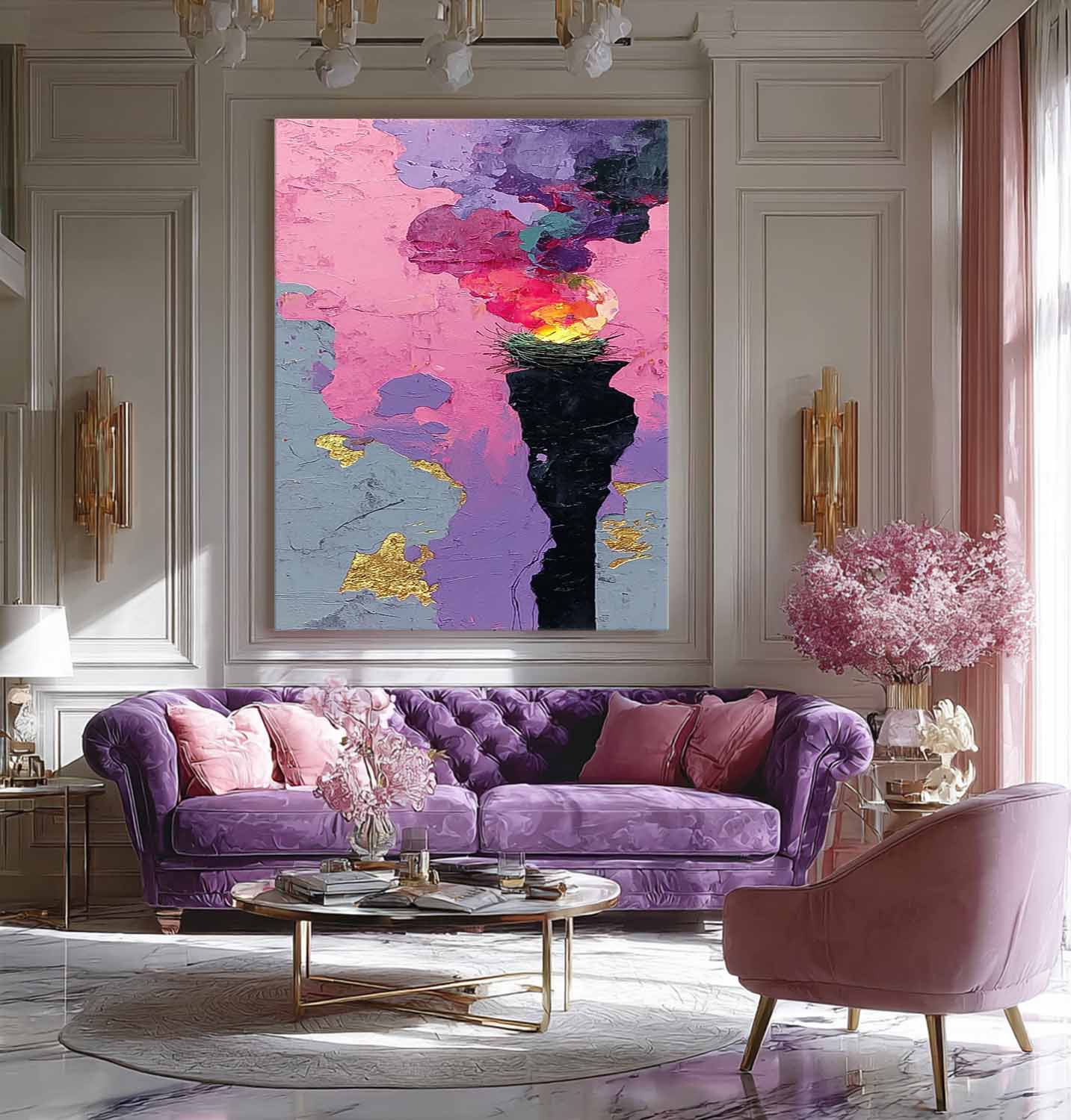 Original Bird's Nest Flames Painting Bright Texture Acrylic painting Abstract Large Wall Art Fashion Art