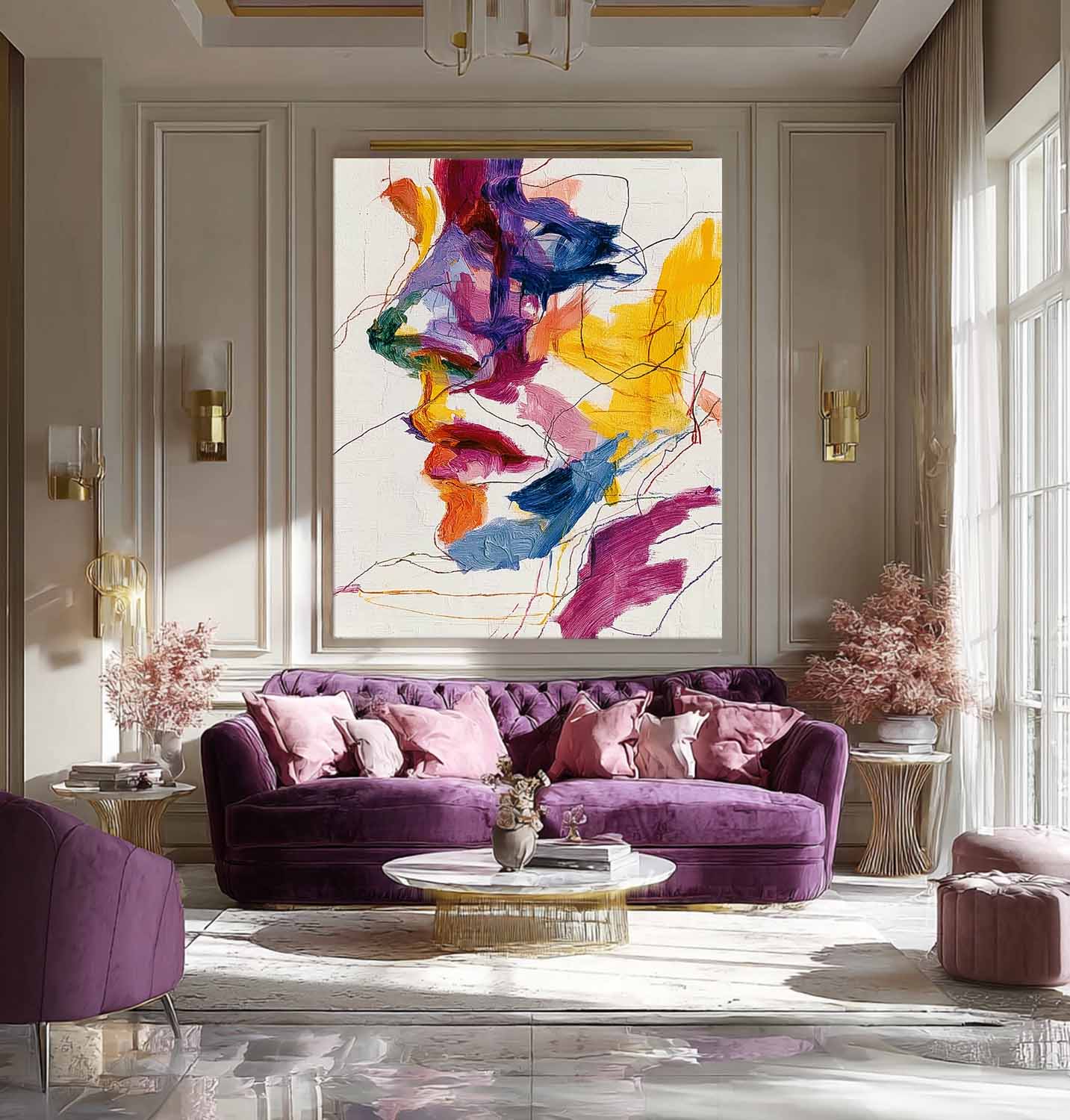 Large Graffiti Figure Wall Art Color Abstract Side Face Painting Canvas Original Line Facial Features Artwork