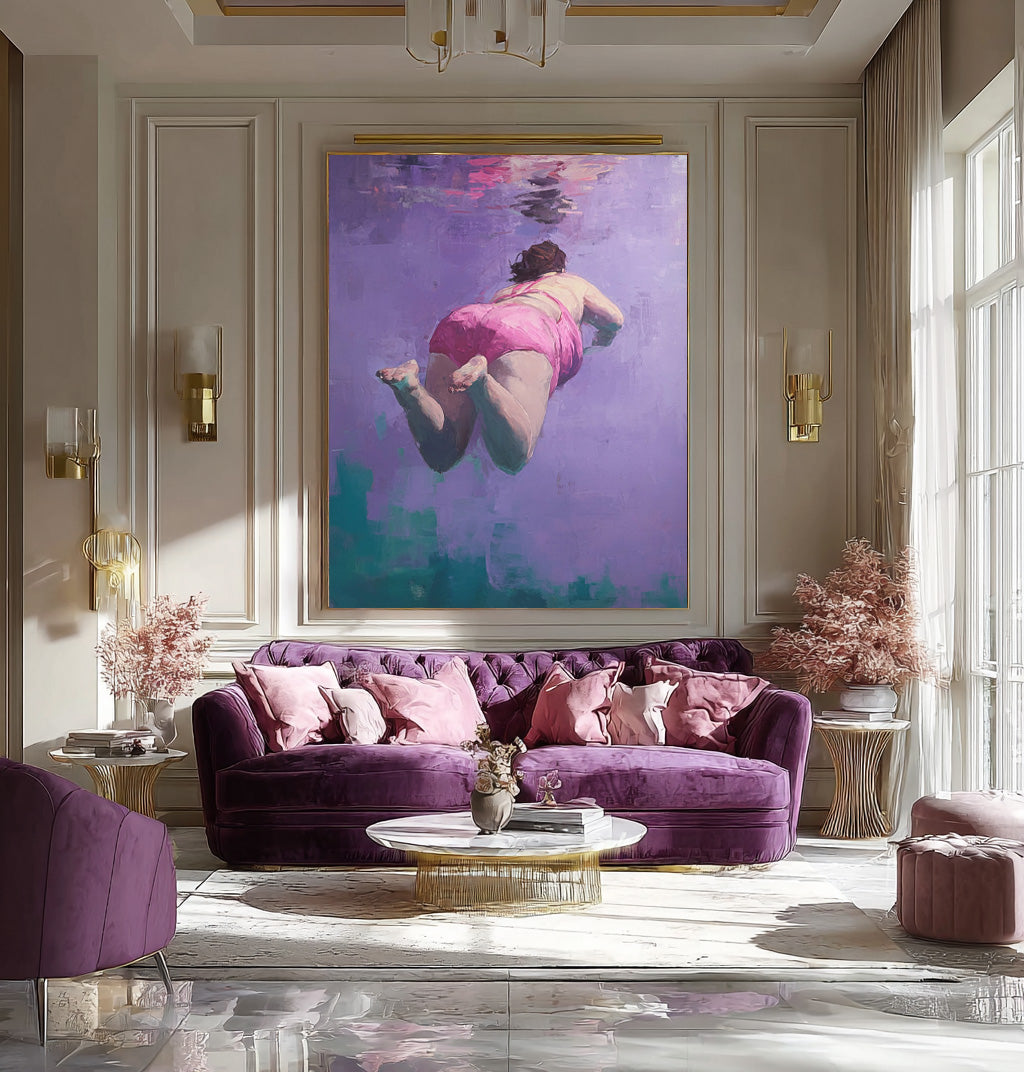 Purple Original Girl swimming Wall Art Diving In Ocean Sensual Woman Acrylic Painting Cute Lady Artwork