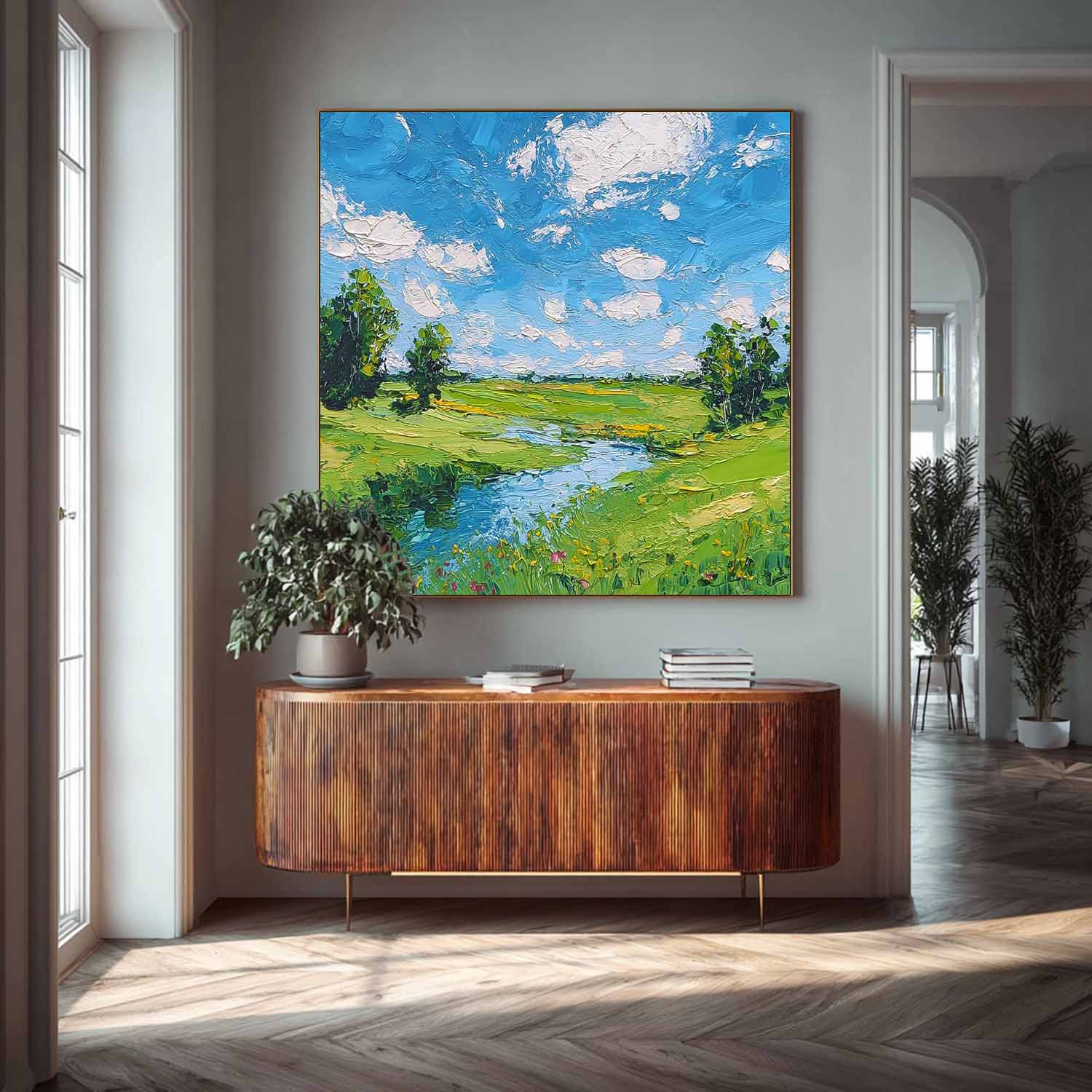 Large Texture Scenery Wall Art Framed Abstract Fields And Rvers Landscape Oil Painting Rural Warmth Artwork