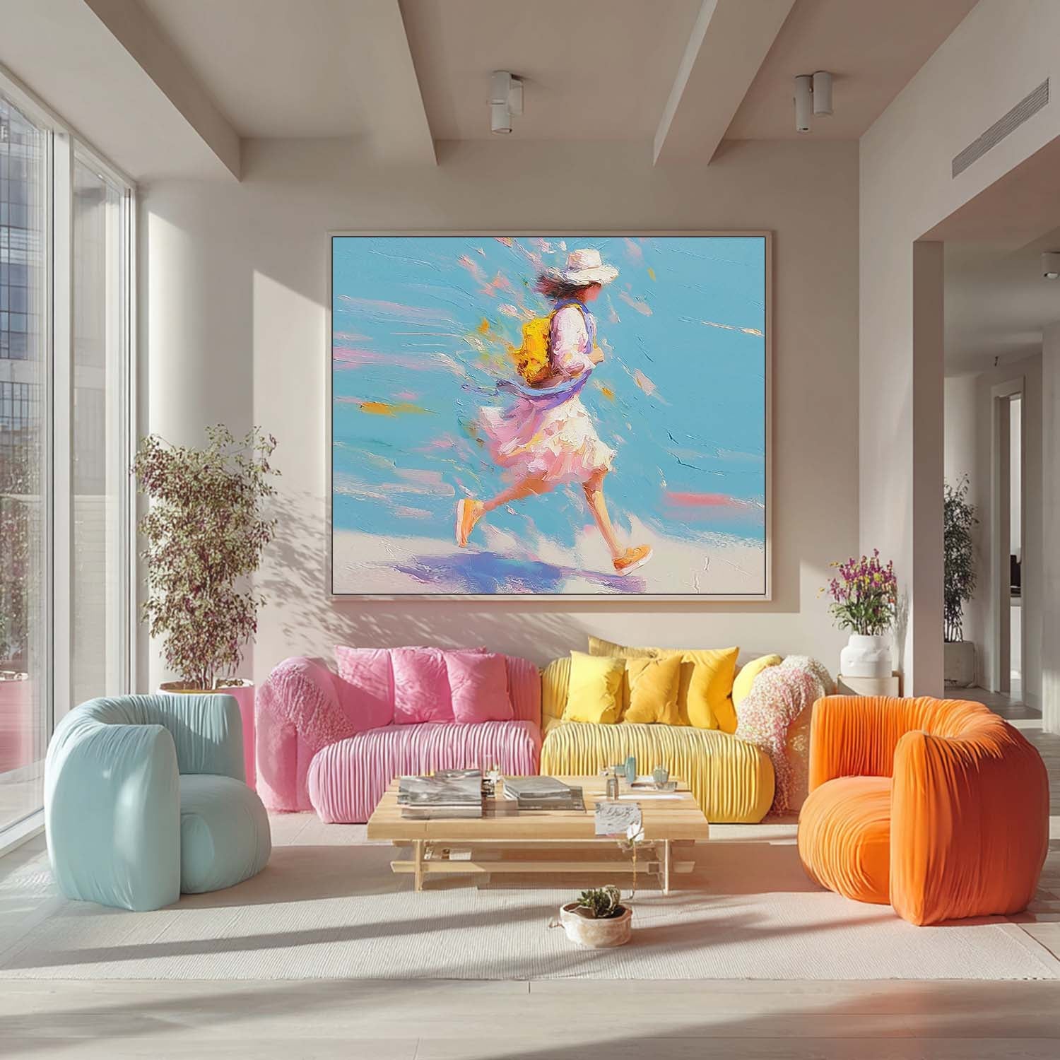 Extra Large Horizontal Abstract Women Wall Art Vibrant Pink & Yellow Lady Painting Textured Impasto Art