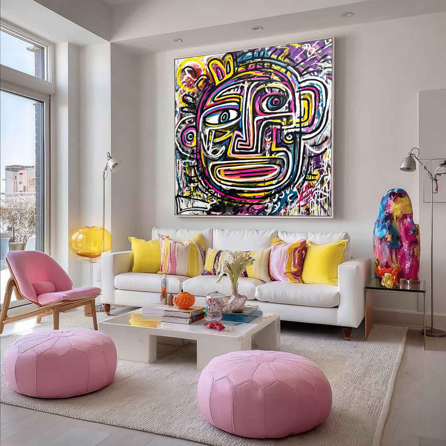 Large Graffiti Line Face Wall Art Original Colorful Face Painting Abstract Portrait Oil Painting On Canvas