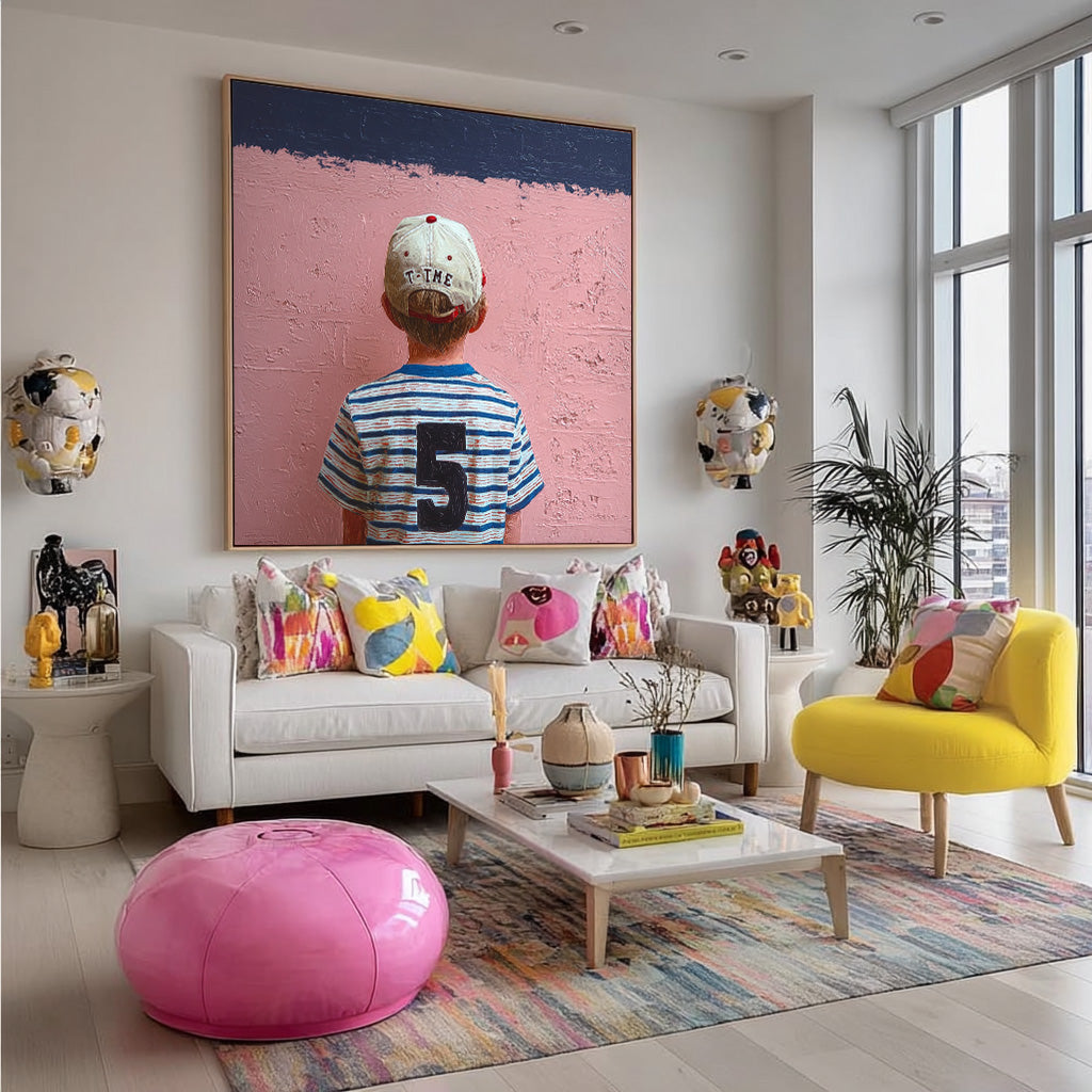 Original Pink Wall Art Minimalist Child Back view Painting Abstract Cool Boy Art For Living Room