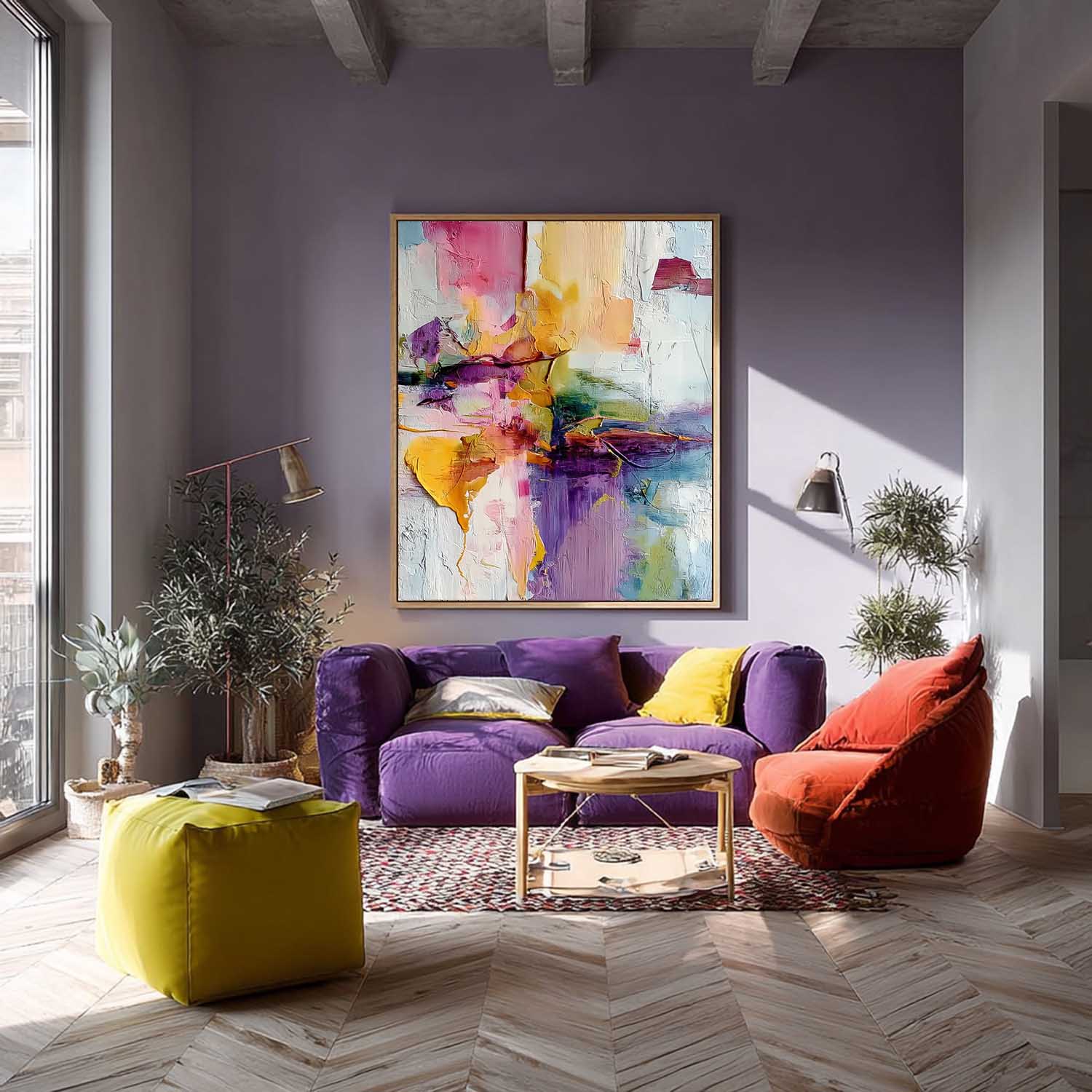Original Scraper Oil Painting Bright Color Texture Acrylic painting Abstract Large Wall Art Fashion Art